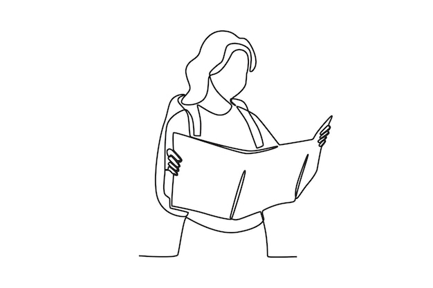 Una línea continua dibujando activa feliz una mujer mirando un mapa de destinos turísticos mientras viaja