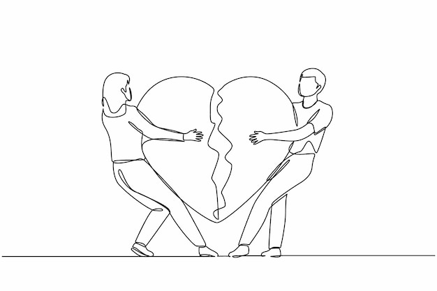 Una línea continua dibujando amantes corazón roto hombre joven mujer separada causando el uno al otro