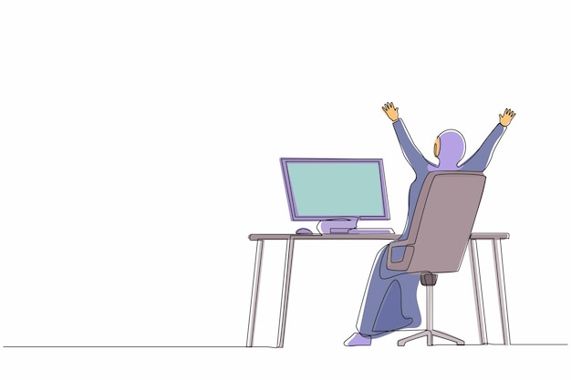 Una línea continua dibujando hacia atrás vista feliz mujer árabe tarea completada trabajo realizado con éxito