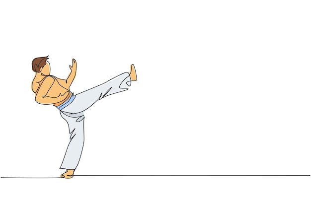 Una línea continua dibujando capoeira joven luchador brasileño en el vector tradicional de la playa