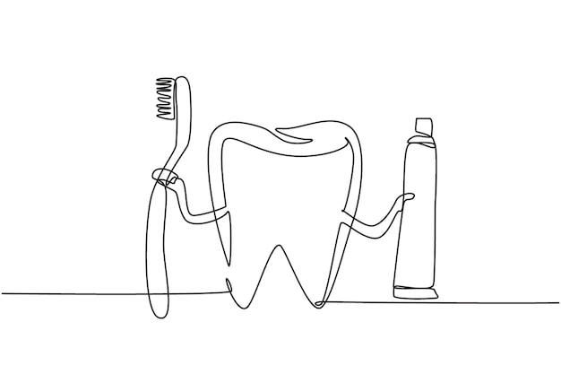 Una línea continua dibujando un diente gigante con un cepillo de dientes en una mano y pasta de dientes en la otra