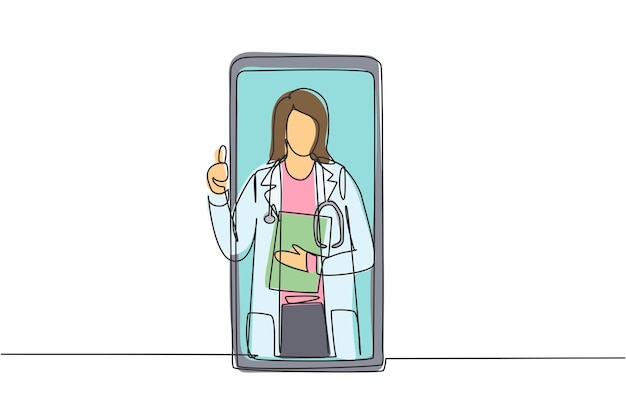 Una línea continua dibujando una doctora sale del teléfono inteligente mientras hace un gesto de pulgar hacia arriba