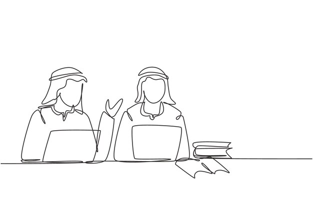 Una línea continua dibujando a dos jóvenes árabes estudiando con una pila de libros de diseño vectorial