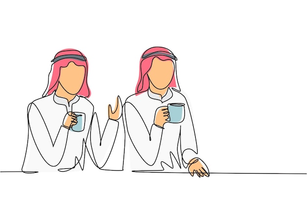 Una línea continua dibujando a dos jóvenes árabes sentados frente a una taza de café y hablando de trabajo