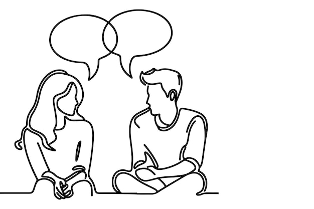 Una línea continua dibujando dos jóvenes están hablando con burbujas de habla contorno vector doodle