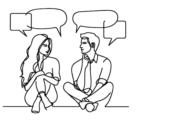 Una línea continua dibujando dos jóvenes están hablando con burbujas de habla contorno vector doodle