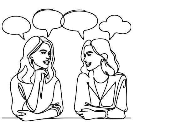 Una línea continua dibujando dos jóvenes están hablando con burbujas de habla contorno vector doodle