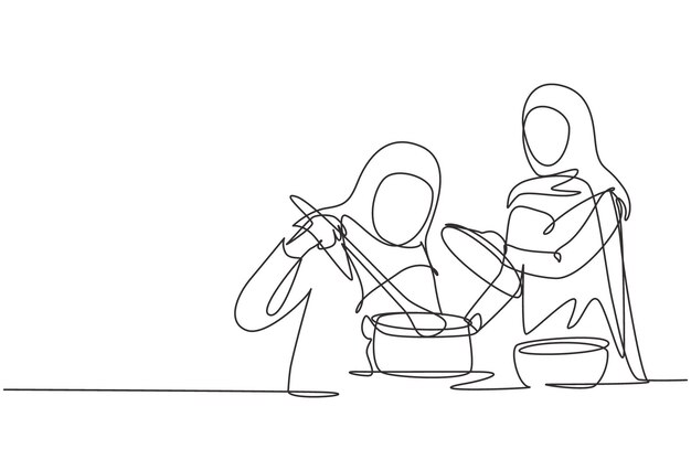 Una línea continua dibujando dos mujeres árabes disfrutando del olor de la cocina Preparar comida una cocina acogedora