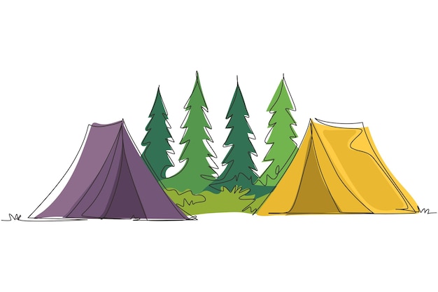 Una línea continua dibujando dos tiendas de campaña turístico bosque de pinos montaña aventura vector de la naturaleza.