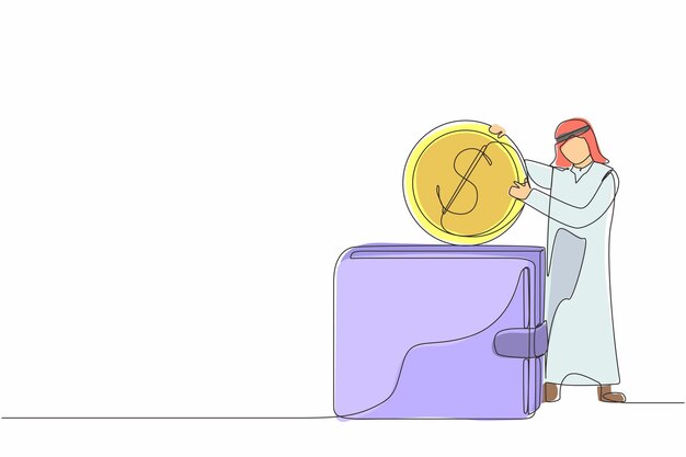 Una línea continua dibujando un empresario árabe poniendo una moneda de dólar en una gran billetera pago directo