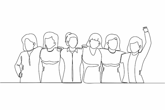 Una línea continua dibujando un grupo de mujeres abrazadas juntas Vector de diseño del feliz día de la amistad