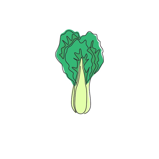 Una línea continua dibujando hojas verdes de mostaza orgánica Ilustración vectorial de repollo de mustaza fresco
