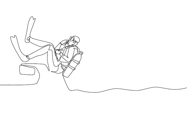 Una línea continua dibujando un hombre deportivo salta al mar desde un barco a motor para bucear