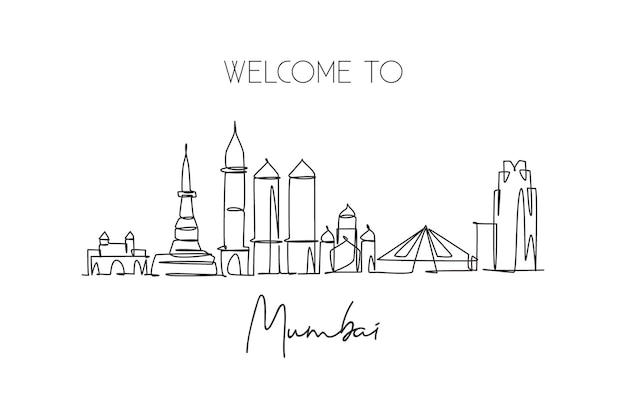 Una línea continua dibujando el horizonte de Mumbai, India, hermosa ciudad, punto de referencia, vector de diseño de decoración del hogar