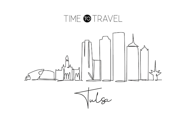 Una línea continua dibujando el horizonte de tulsa oklahoma hermoso punto de referencia del mundo vector de diseño de paisaje