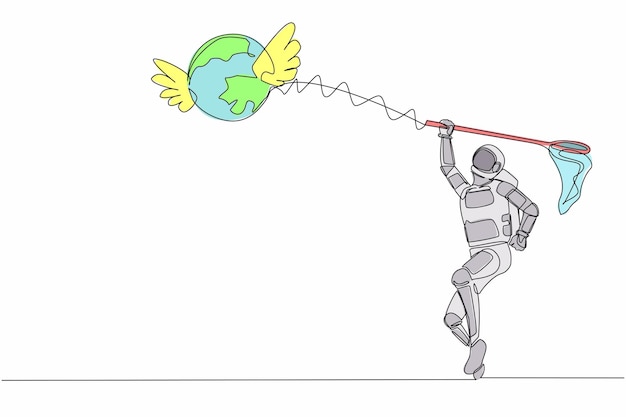 Una línea continua dibujando a un joven astronauta tratando de atrapar un globo volador con una red de mariposas