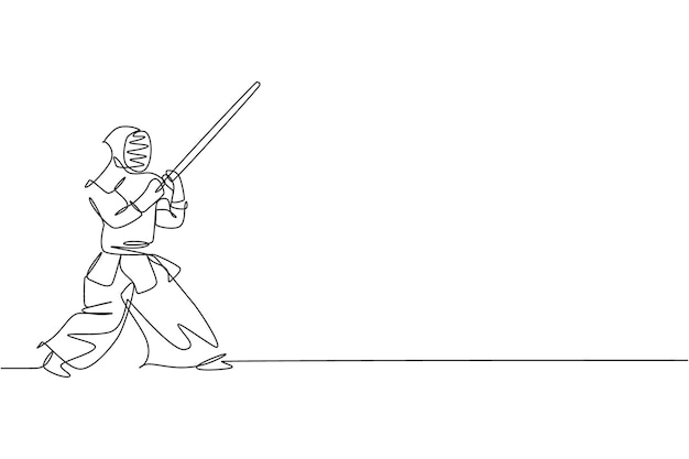 Una línea continua dibujando a un joven deportista entrenando habilidades de movimiento de defensa kendo en el centro de dojo
