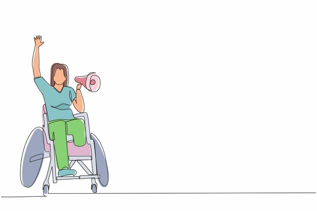Una línea continua dibujando una joven con discapacidad feliz en una silla de ruedas celebrando el equipo ganador