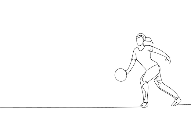 Vector una línea continua dibujando joven jugador de bolos mujer lanzar la pelota para golpear el alfiler actividad de estilo de vida