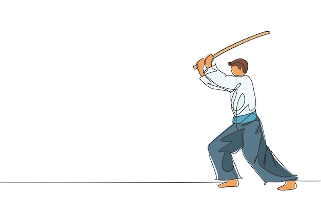 Una línea continua dibujando a un joven luchador de aikido con espada de madera. Deporte combativo de arte marcial.