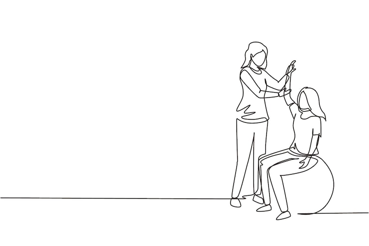 Vector una línea continua dibujando a una joven paciente sentada en una pelota y a una doctora sosteniendo su mano