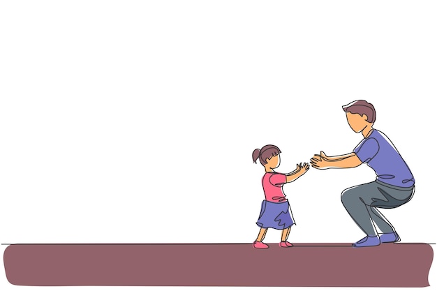 Una línea continua dibujando a un joven padre listo para abrazar a su hija que aprendió a caminar hacia él en casa