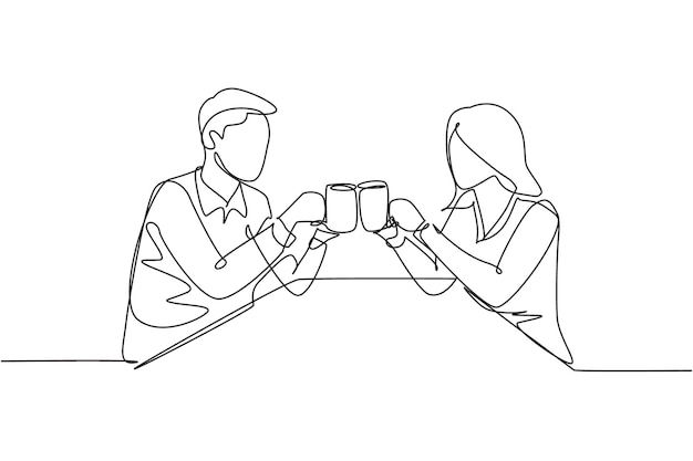 Una línea continua dibujando una joven pareja sentada bebiendo y brindando para celebrar el aniversario de la boda