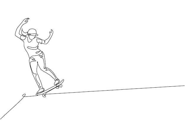 Una línea continua dibujando a un joven patinador montando en patineta haciendo un vector de truco de deslizamiento