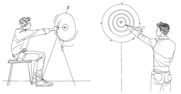Una línea continua dibujando a un joven trabajador masculino que vuela con un avión de aire de papel en el tablero de dardos objetivo