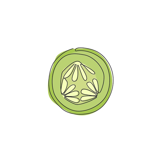 Vector una línea continua dibujando el logotipo del huerto de pepinos saludables en rodajas icono de verduras frescas
