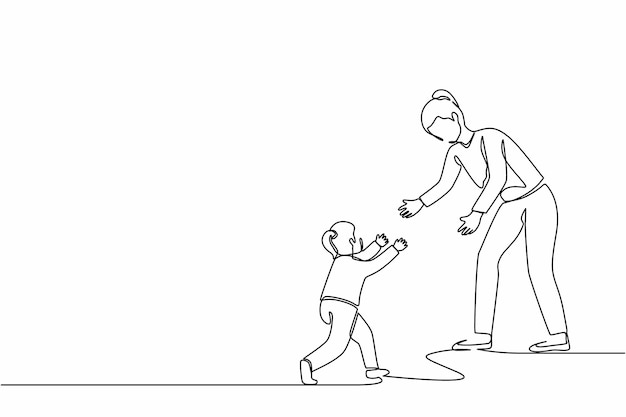 Una línea continua dibujando a la madre y la hija corriendo una hacia la otra con los brazos abiertos vector de diseño