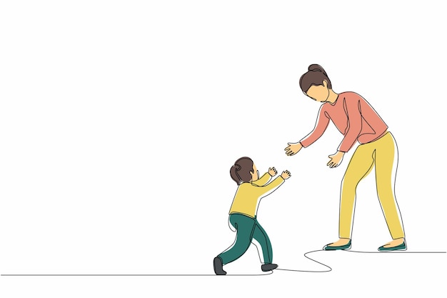 Una línea continua dibujando a la madre y la hija corriendo una hacia la otra con los brazos abiertos vector de diseño