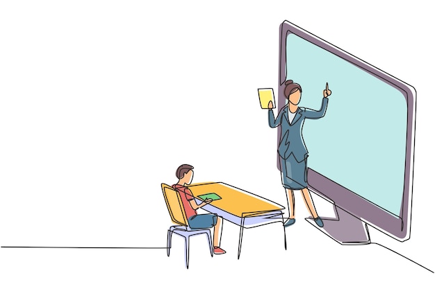 Una línea continua dibujando a una maestra sosteniendo un libro y enseñando a los estudiantes sentados en bancos
