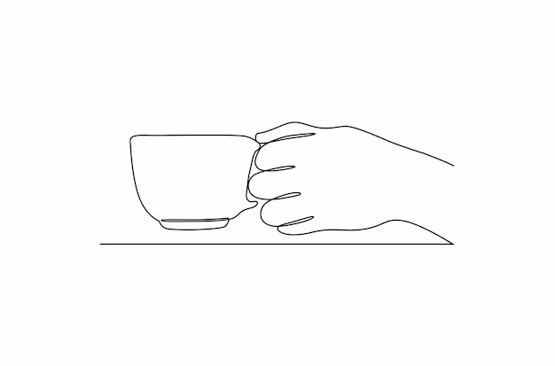 Línea continua dibujando una mano con la ilustración de vector de taza blanca sosteniendo vector premium