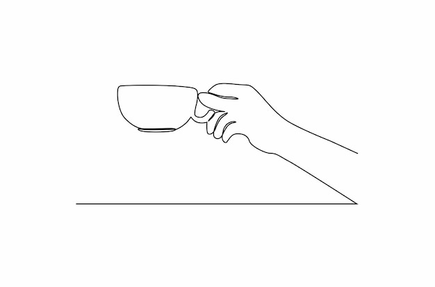 Línea continua dibujando una mano con la ilustración de vector de taza blanca sosteniendo vector Premium