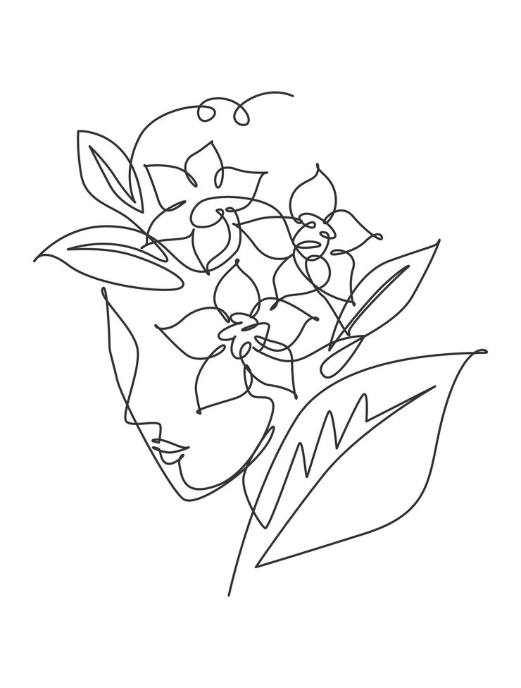Vector una línea continua dibujando minimalista belleza naturaleza peinado ramo de flores en vector de cabeza de mujer