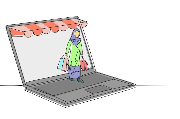 Una línea continua dibujando a una mujer árabe saliendo de la pantalla del portátil con bolsas de compras