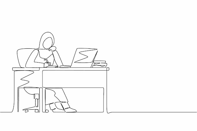 Una línea continua dibujando a una mujer de negocios árabe escribiendo sentada frente a la computadora portátil en la mesa