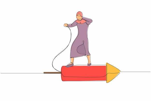 Una línea continua dibujando a una mujer de negocios árabe de pie en un cohete de fuegos artificiales tratando de configurarlo en el vector