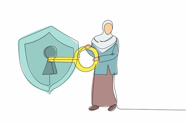 Una línea continua dibujando una mujer de negocios árabe puso la llave en el escudo seguridad internet o tecnología