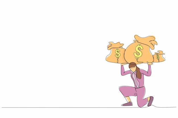 Una línea continua dibujando a una mujer de negocios frustrada llevando una bolsa de dinero en su espalda vector de diseño