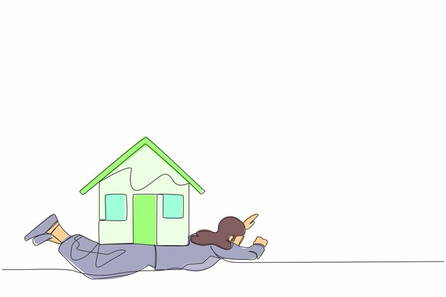 Una línea continua dibujando a una mujer de negocios infeliz bajo la pesada carga de la casa vector hipotecario financiero