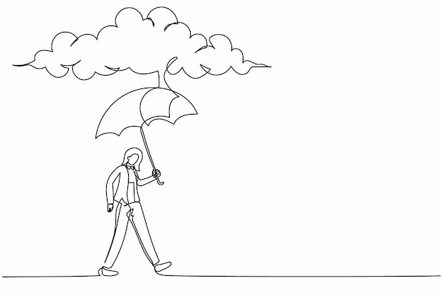Una línea continua dibujando a una mujer de negocios protectora caminando con un paraguas bajo una nube de lluvia