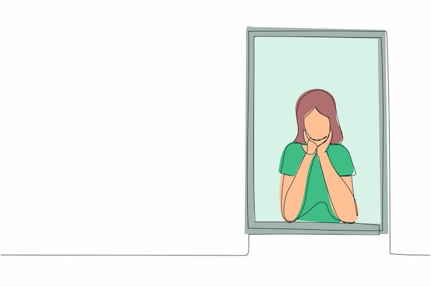 Una línea continua dibujando a una mujer triste sentada cerca de la ventana con el soporte del vector de diseño del mentón