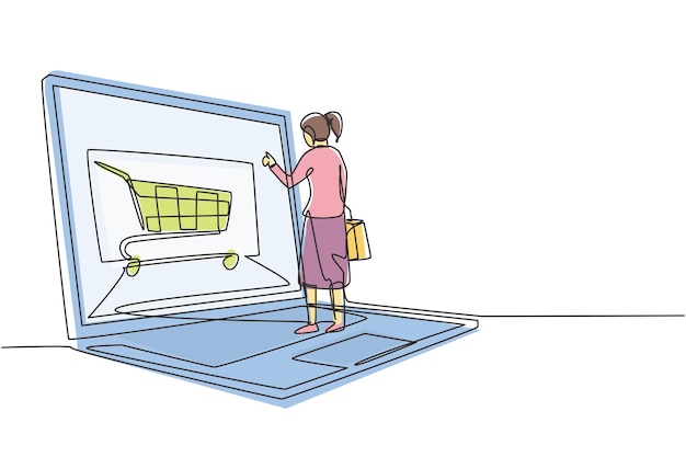 Una línea continua dibujando a mujeres jóvenes comprando en línea a través de la pantalla gigante de una computadora portátil estilo de vida digital