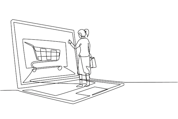 Una línea continua dibujando a mujeres jóvenes comprando en línea a través de la pantalla gigante de una computadora portátil estilo de vida digital