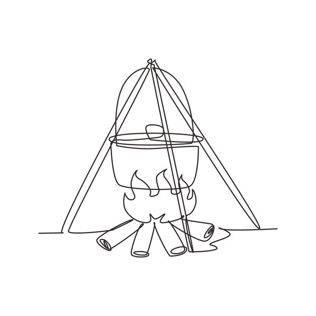 Una línea continua dibujando una olla de campamento negra sobre una hoguera cocinando comida caliente en el vector de la hoguera.