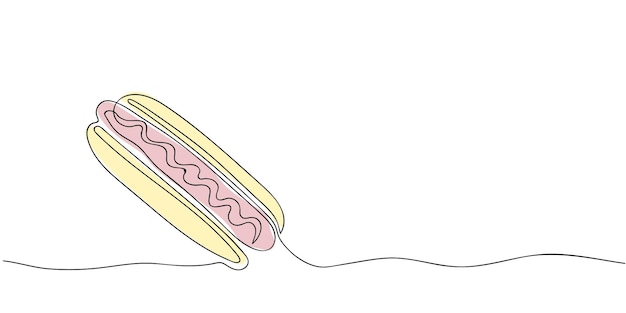 una línea continua dibujando un perrito caliente con diseño minimalista y colores lúdicos sobre un fondo blanco