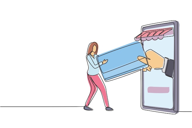 Una línea continua dibujando una tarjeta de inserción femenina en la pantalla del teléfono inteligente del dosel y aceptada a mano