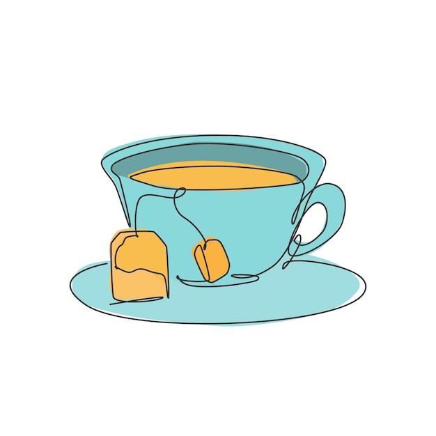 Una línea continua dibujando té de taza de vidrio para el emblema del logotipo de la tienda de té Vector de diseño de logotipo de bolsa de té